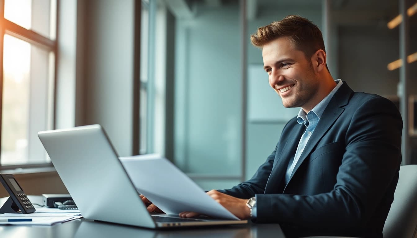 Professioneller Headhunter arbeitet fokussiert am Laptop im Büro.