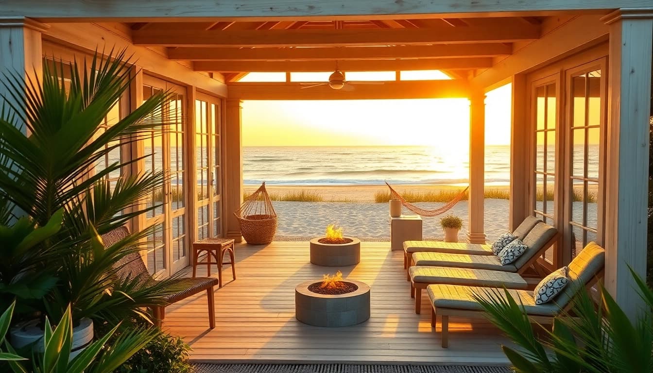 Relax at a coastal cabana, featuring inviting beach chairs, tropical decor, and a stunning ocean view.