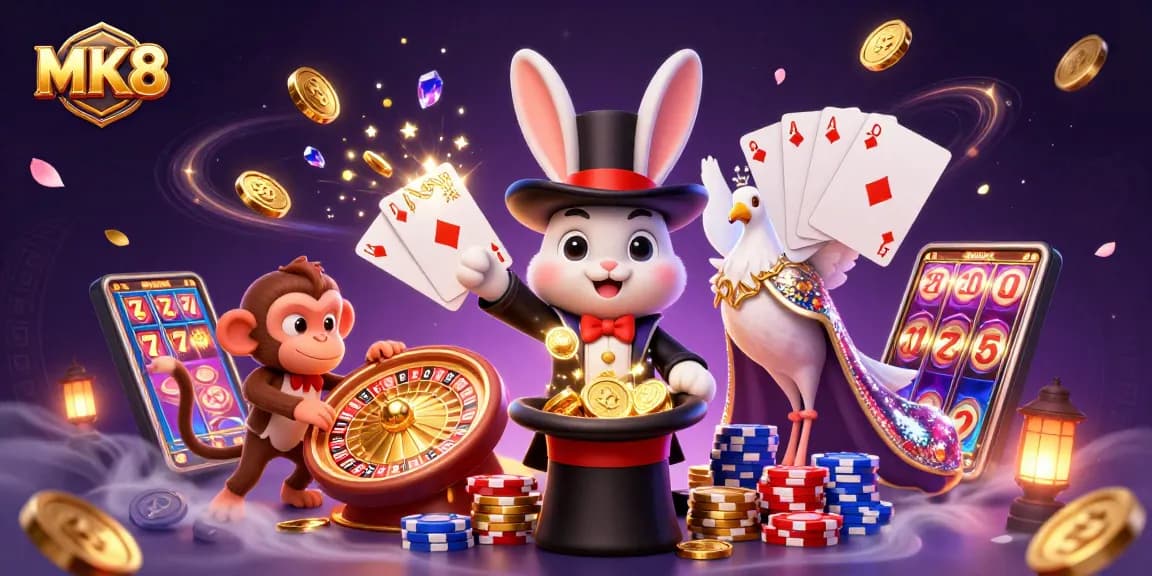 Win big with MK8 as a magician rabbit pulls gold coins, capturing the thrill of gambling.
