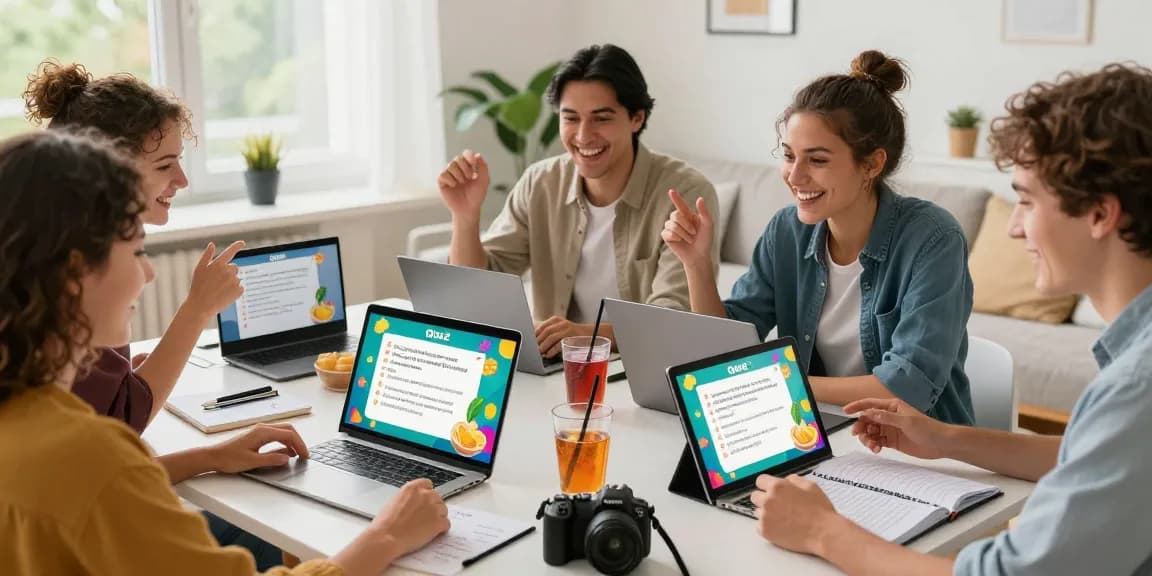Group of friends enjoying an engaging Quiz Allgemeinwissen online, smiling and discussing answers.