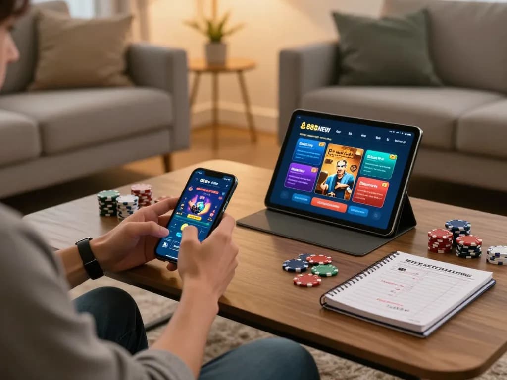 Player engaging in exciting online gaming on the 888NEW app in a cozy living room.