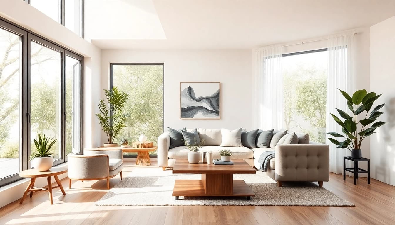Detailreiche Darstellung einer modernen Raumgestaltung mit natürlichem Licht und minimalistischen Möbeln im Wohnzimmer.