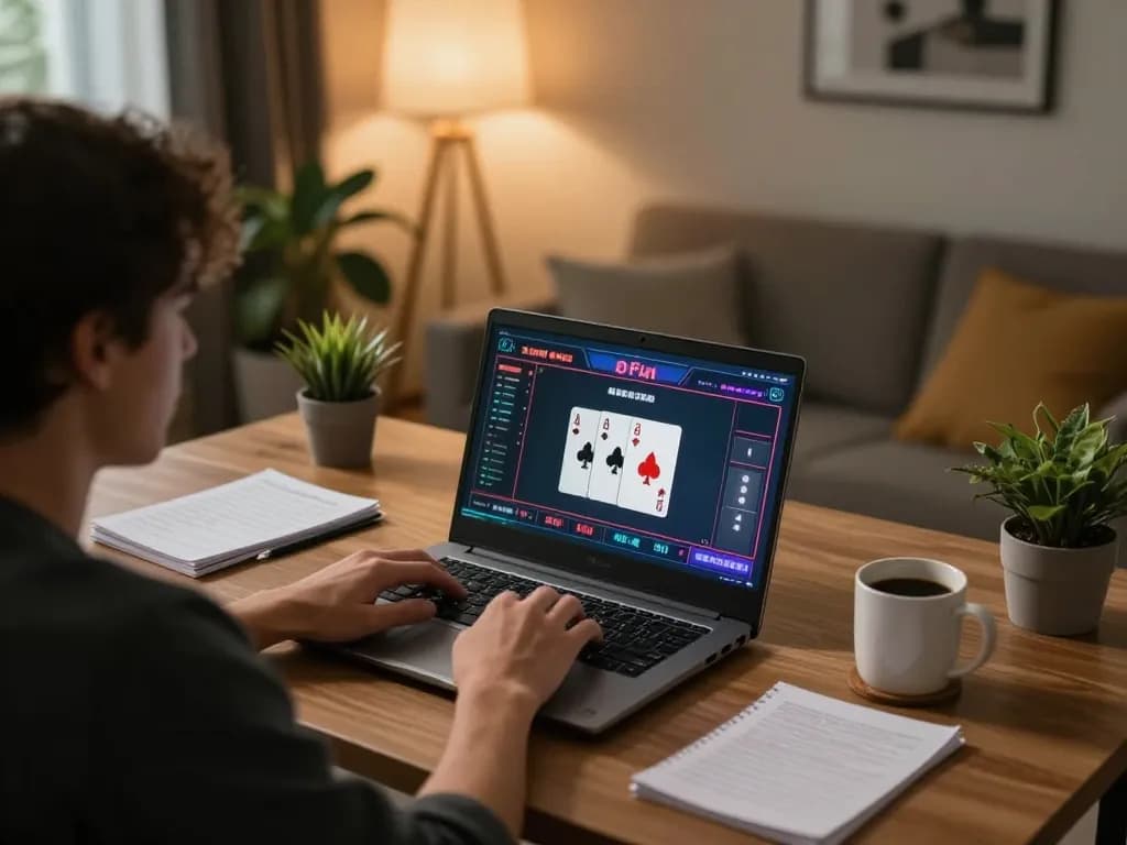 LUCKY88 player enjoying online gaming at home with poker interface on laptop.