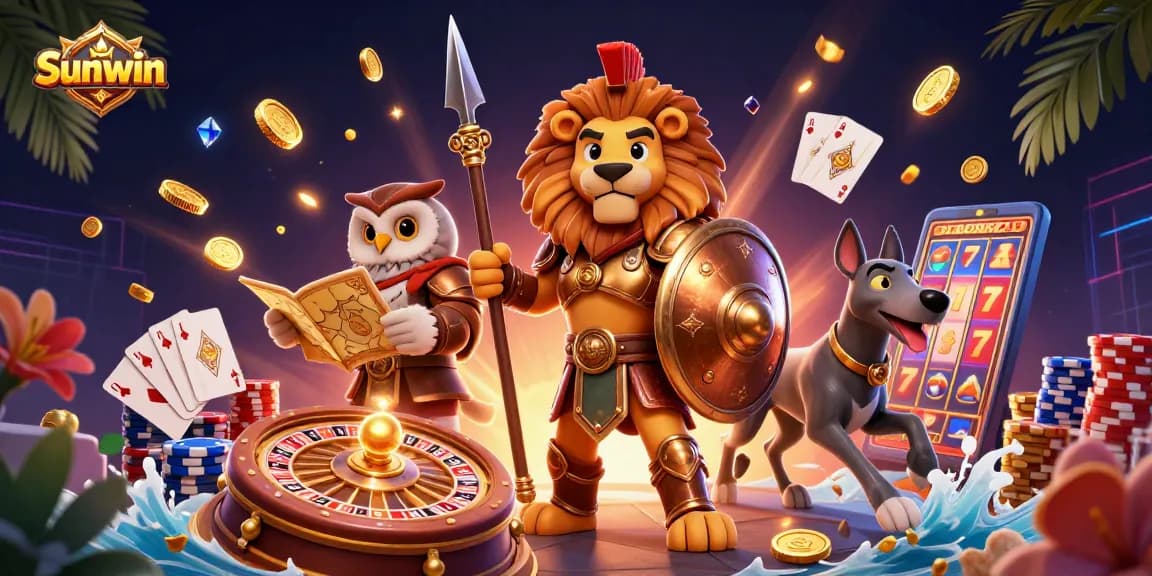 Experience thrilling gameplay with Sunwin in this dynamic casino illustration featuring iconic characters.