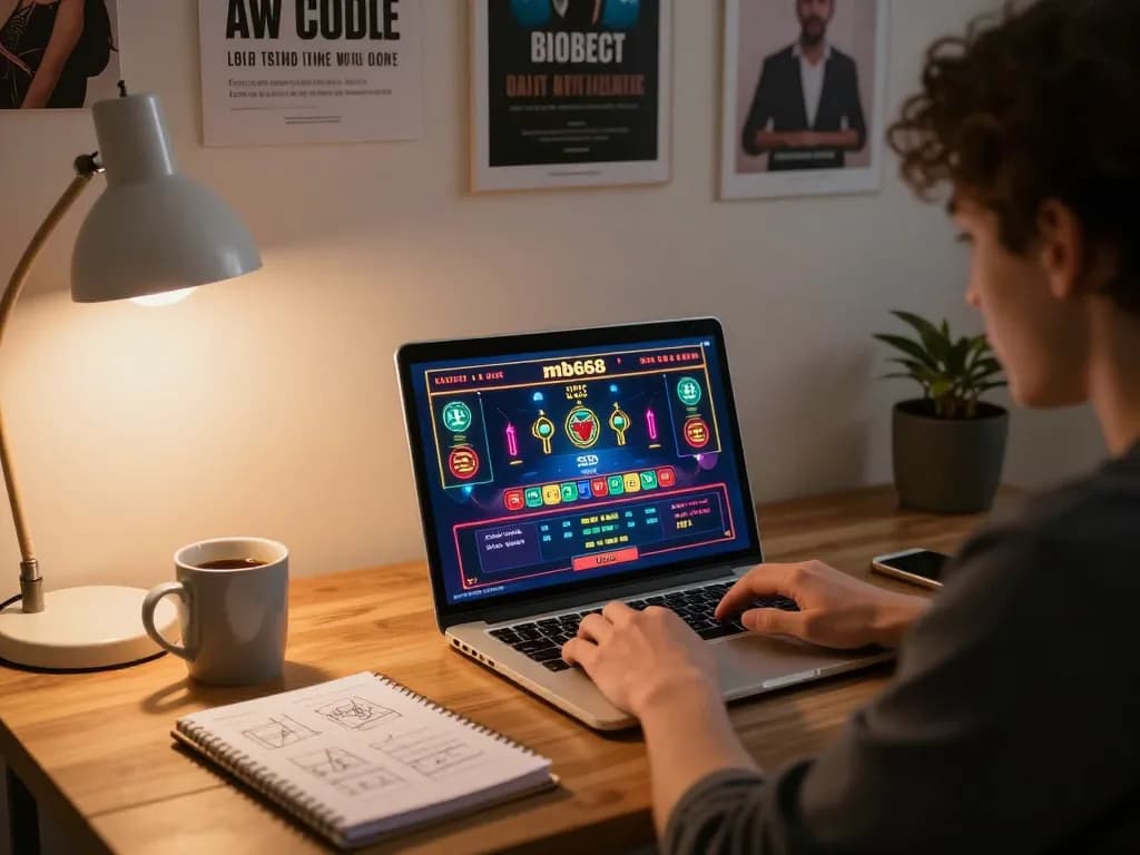Engaging with mb668 online casino games on a laptop, showcasing vibrant graphics and betting options, in a cozy home office environment