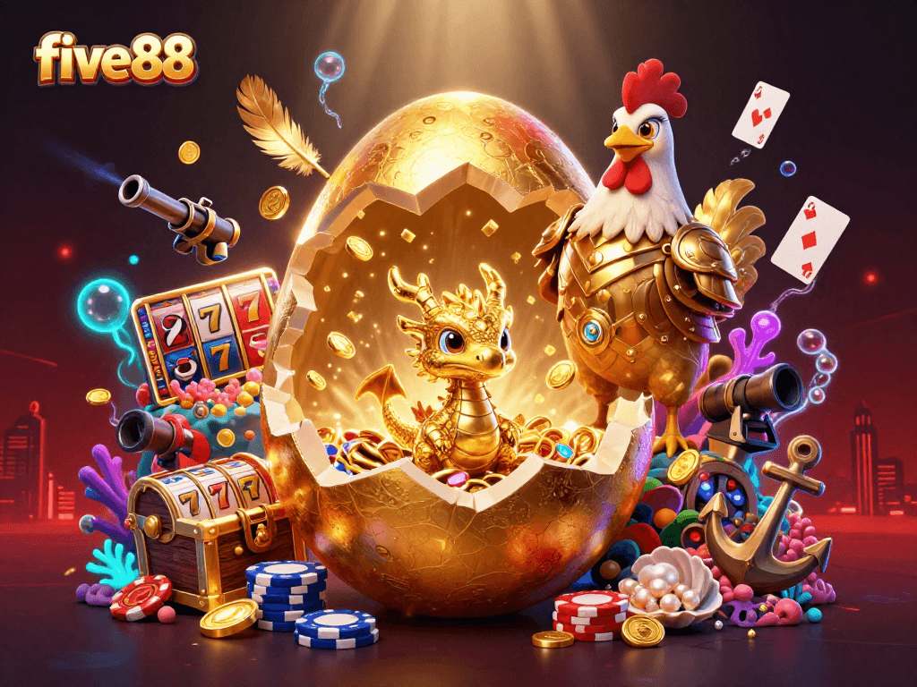 Engage with five88's vibrant casino world, featuring a golden dragon and poker chips in a dynamic scene.