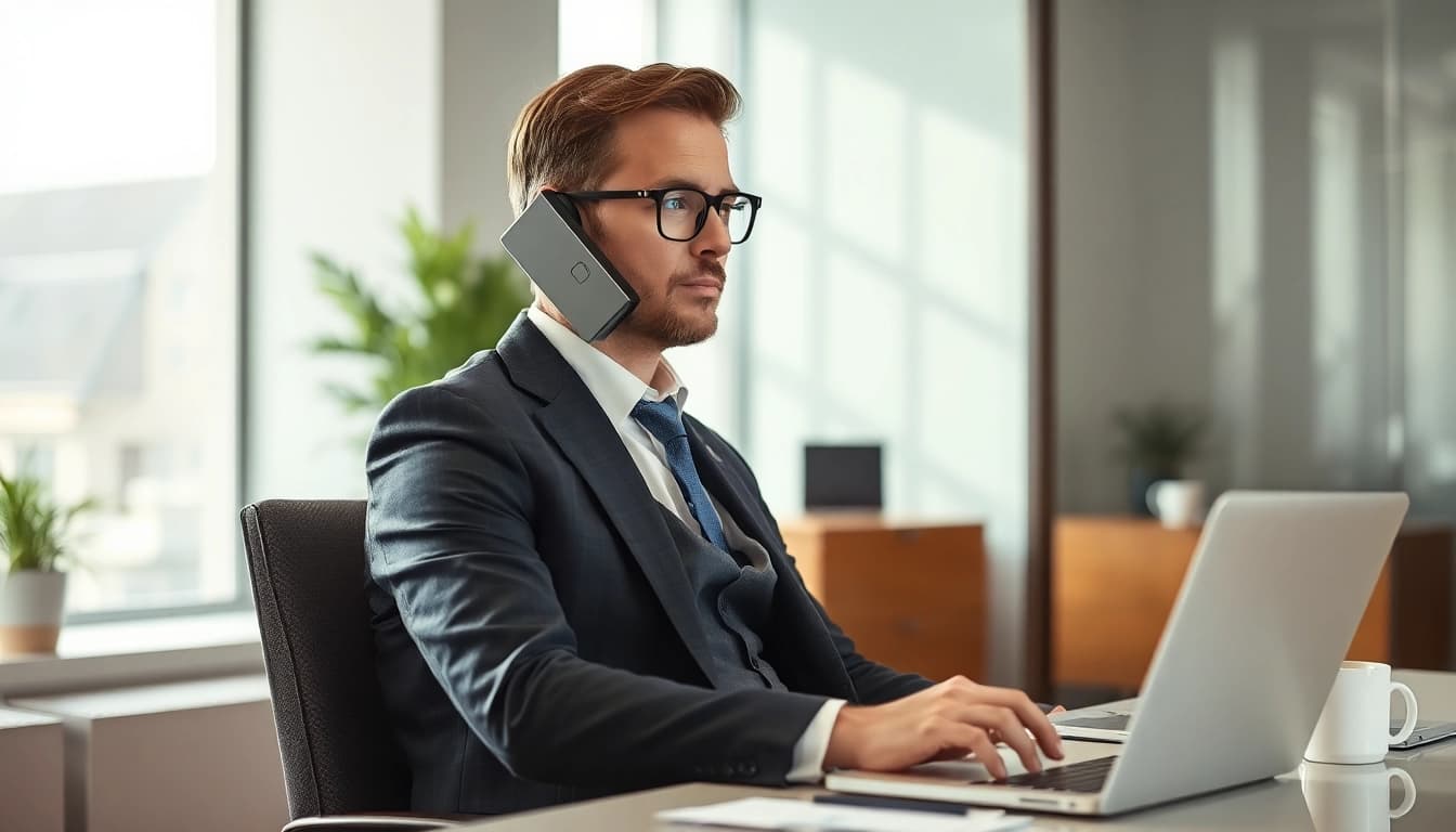 Headhunter Braunschweig führt professionelles Telefonat in stilvollem Büro.