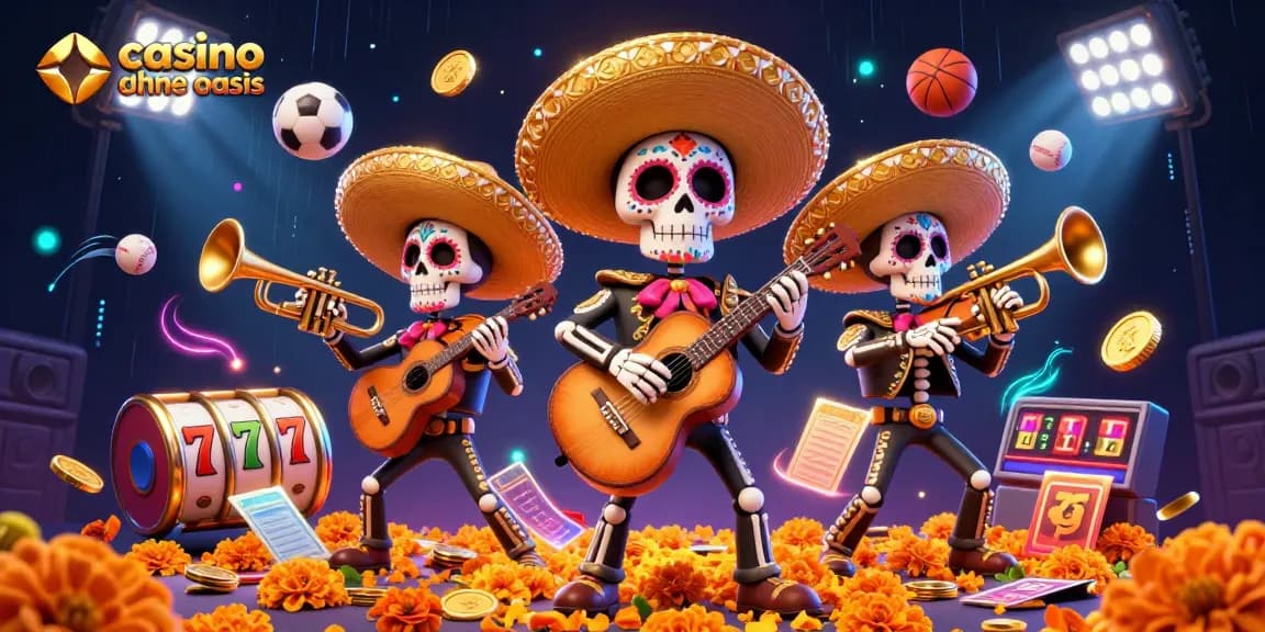 Experience the excitement at casino ohne oasis with vibrant mariachi skeletons, dynamic game elements, and rich visuals.