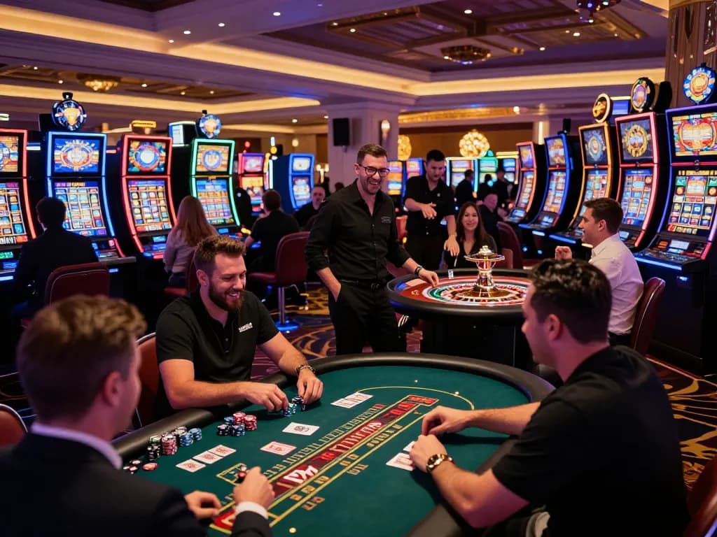 Engaged players at Go8 casinos gather around blackjack tables in a vibrant Las Vegas setting.
