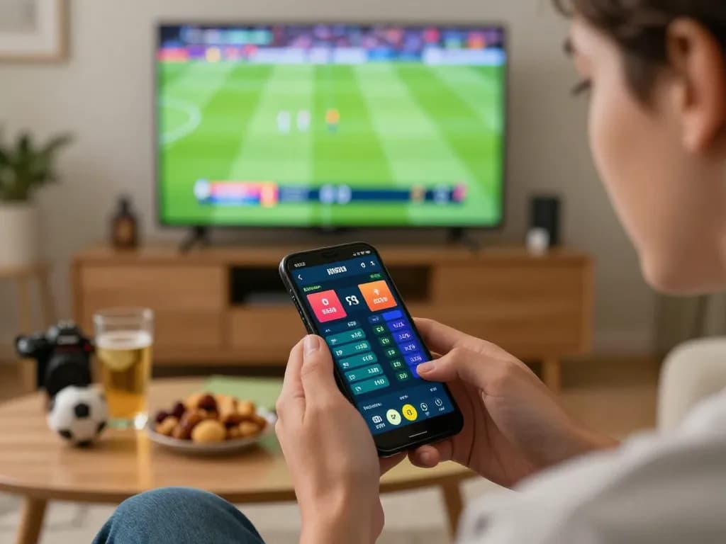 Person placing a bet on go88vn mobile betting app during an exciting sports match at home.