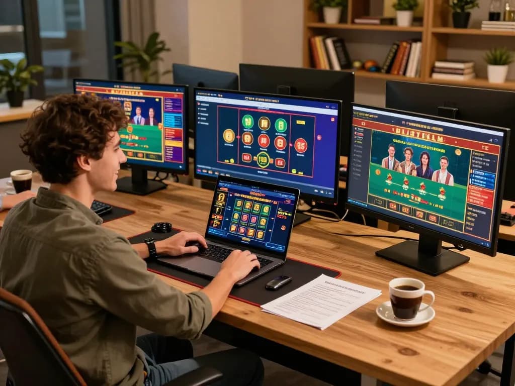 KJC player engaging with online casino games on multiple screens, highlighting immersive gaming experience.