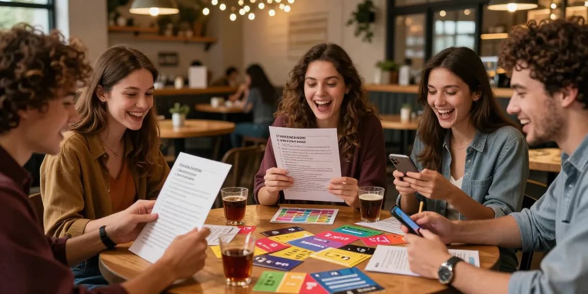 Gruppenszene beim Quiz Allgemeinwissen in einem gemütlichen Café, mit Freunden, die begeistert Fragen beantworten.
