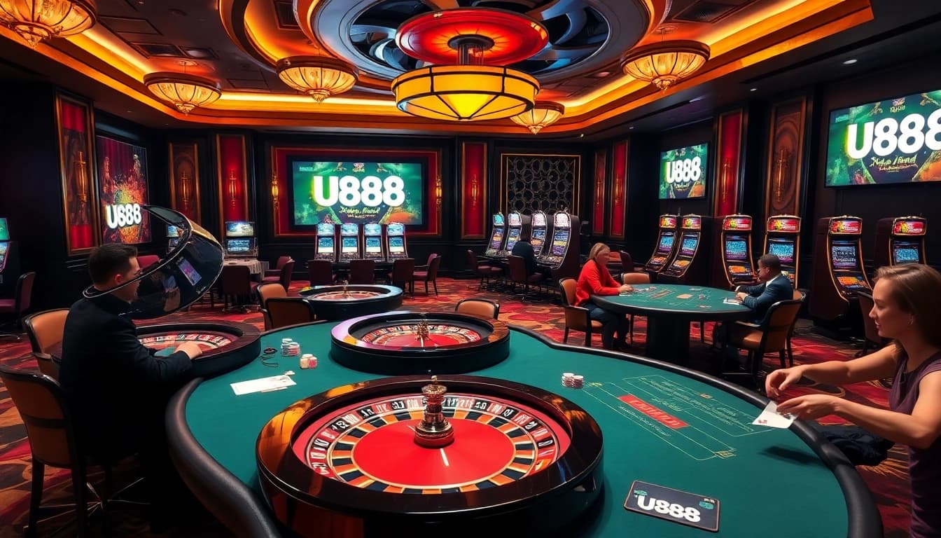 Experience the excitement of U888 gaming with a vibrant, luxurious casino atmosphere featuring poker tables and slot machines.