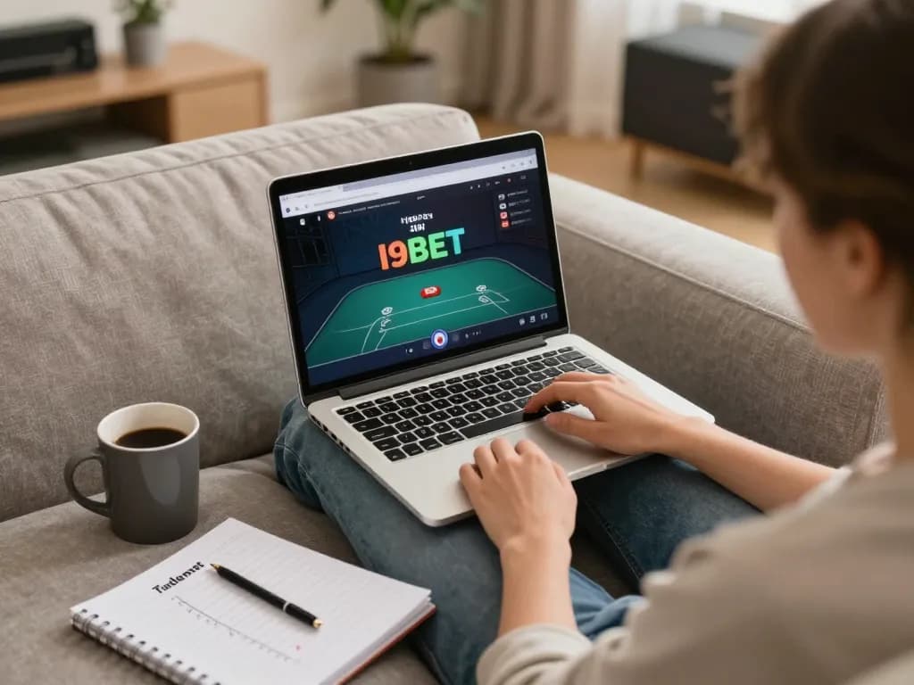 I9BET online gaming setup with a player using a laptop, betting strategies visible