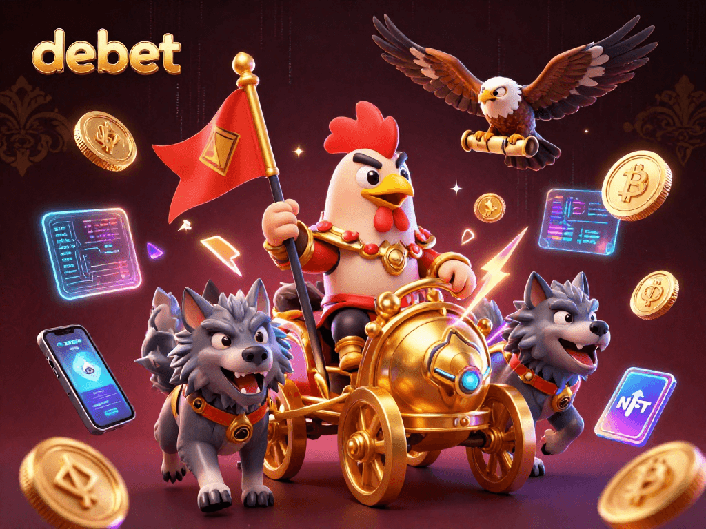 Experience debet's thrilling gaming adventure with a rooster warlord in a dynamic casino scene.