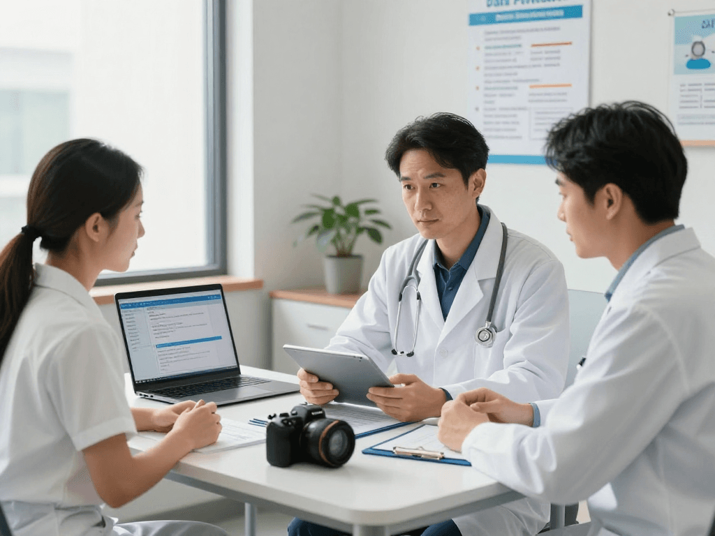Im Gesundheitswesen Arzt besprechen Fachleute Datenschutz und Barrierefreiheit in einer modernen Praxis.