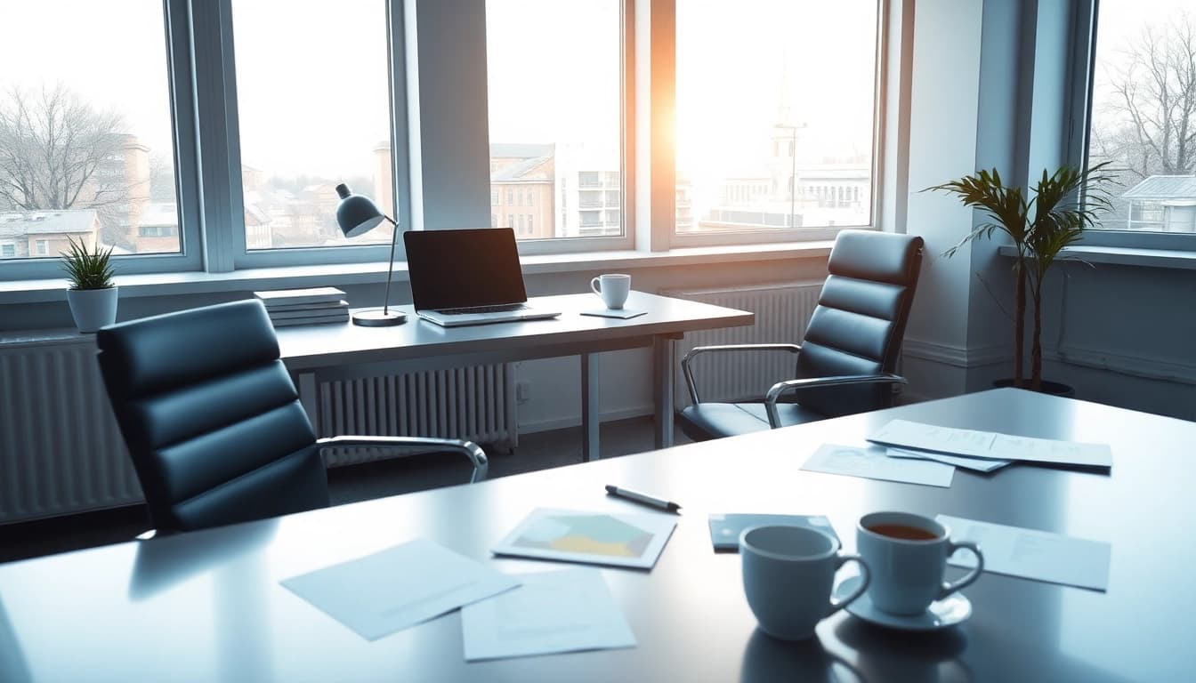 Headhunter Dresden arbeitet an einem modernen Schreibtisch mit Recruitment-Dokumenten und einem Laptop.