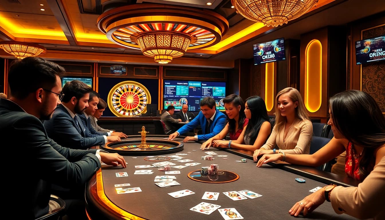Exciting scene of players engaging in poker at a luxurious casino while CM88 đăng nhập is showcased.