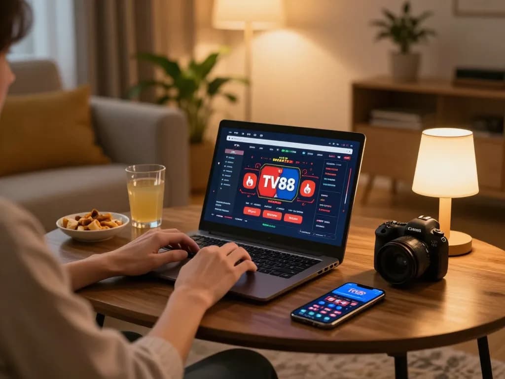 Engaging gameplay on TV88's online casino platform with a cozy home setting.