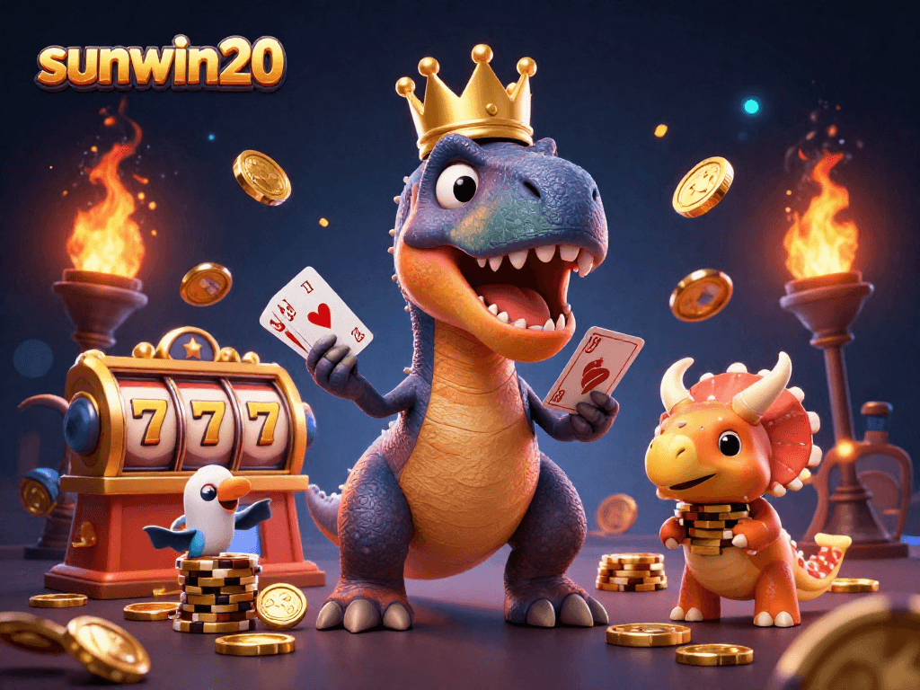 Experience thrilling gameplay at sunwin20 with a T-Rex shuffling cards and vibrant gambling elements.