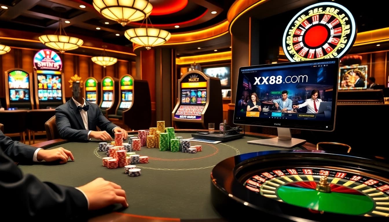 Players engaging in high-stakes poker at a luxurious casino featuring XX88 COM online interface.