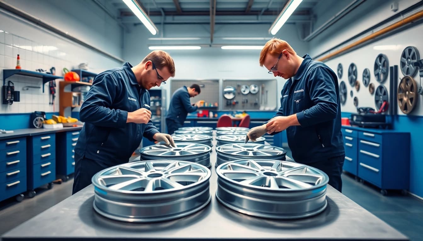 Felgenreparatur München: Professionelle Reparaturservice für beschädigte Alufelgen mit glänzendem Finish in einem modernen Werkstattumfeld.