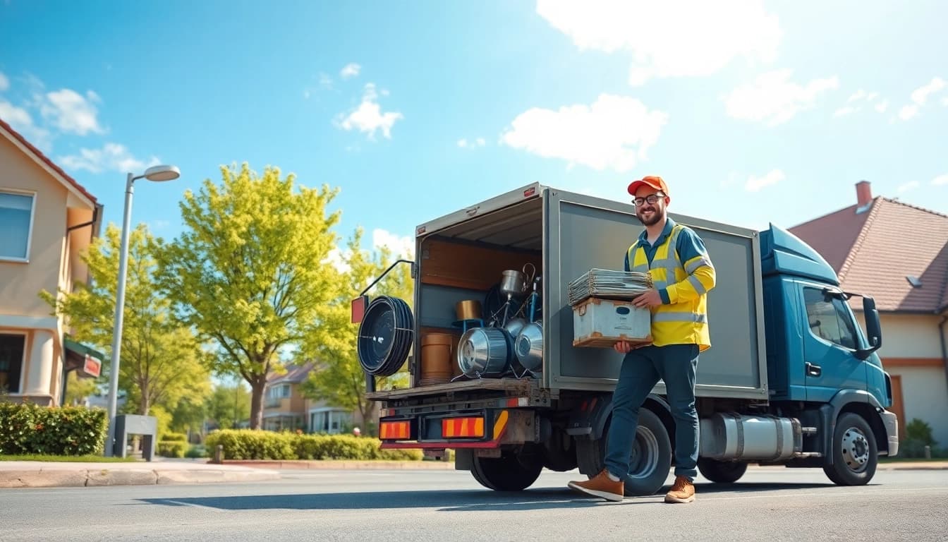 Schrottabholung durch professionellen Schrotthändler, der Metall in Transporter lädt.