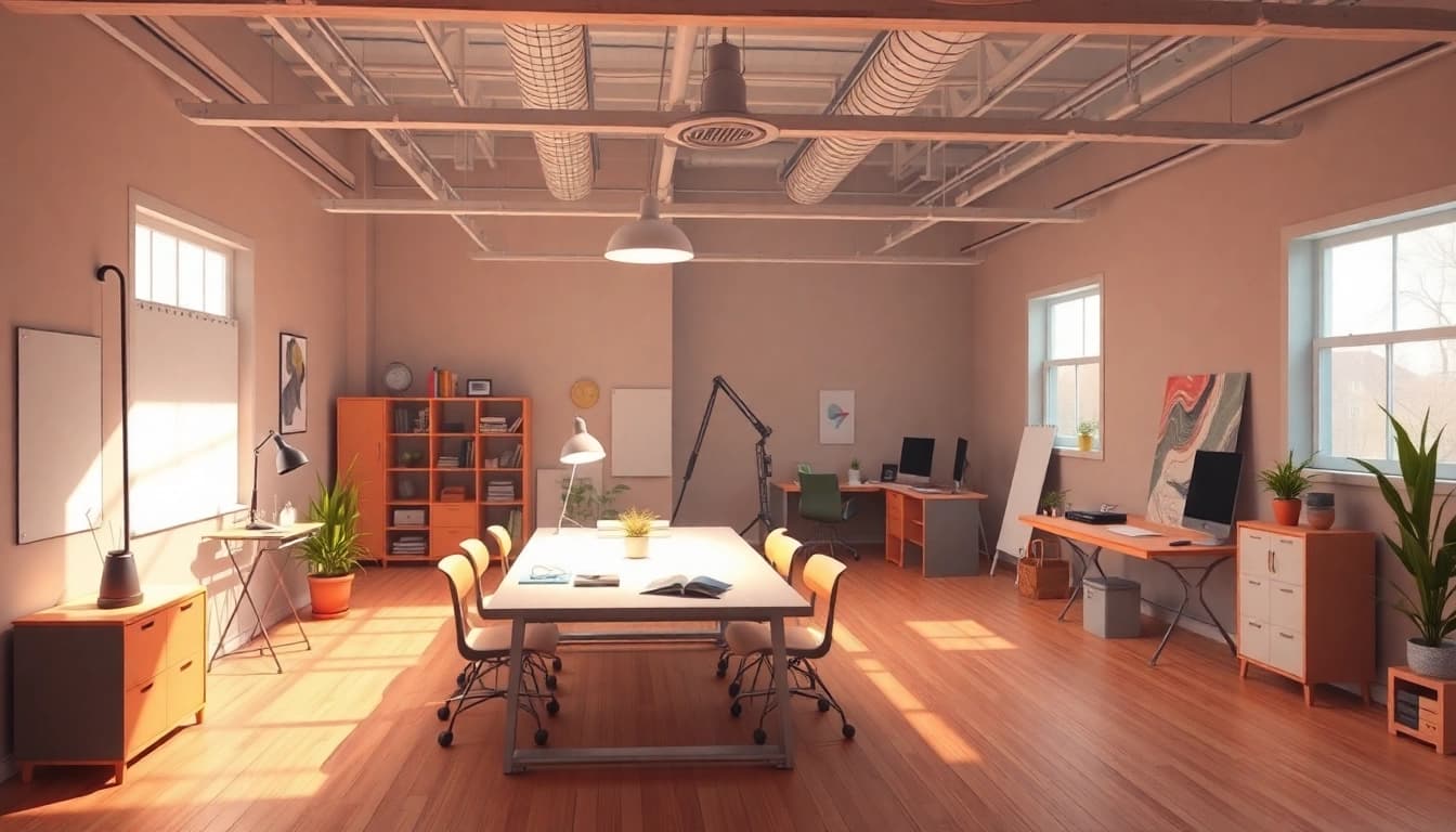 Animationsstudio: Künstler arbeiten an lebendigen Animationsprojekten in einem dynamischen Raum mit kreativen Requisiten.