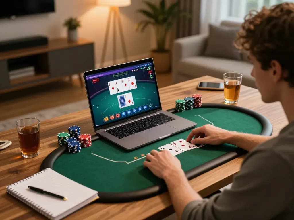 Người chơi câu lạc bộ B52 tận hưởng poker từ xa trên laptop, cảnh chơi game chiến lược và hấp dẫn