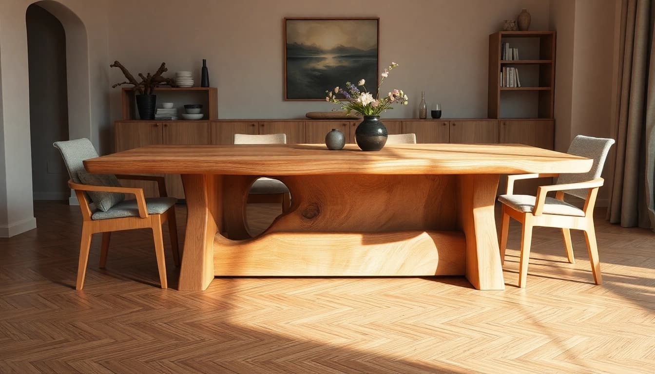 Entdecken Sie den Massiven Eiche Esstisch mit einzigartiger Baumkante, der stilvolles Design und natürliche Eleganz vereint.