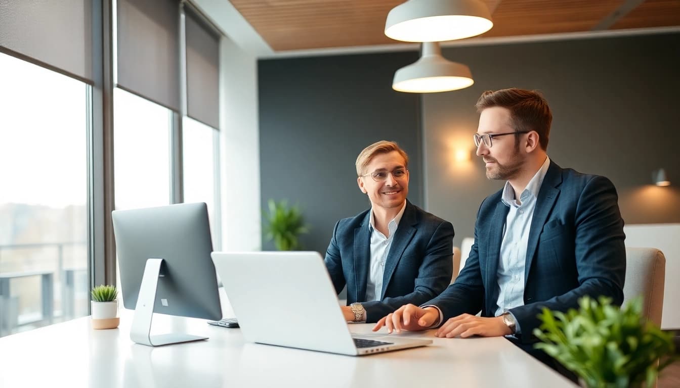 Professioneller Unternehmensberater in Leipzig, der einem Klienten digitale Beratungsdienste präsentiert.