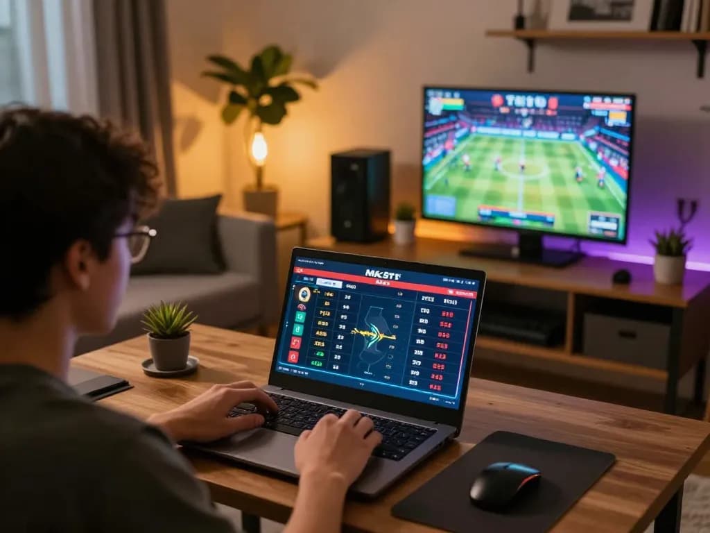 Person placing bets on mk8th during exciting online sports event with laptop interface visible.