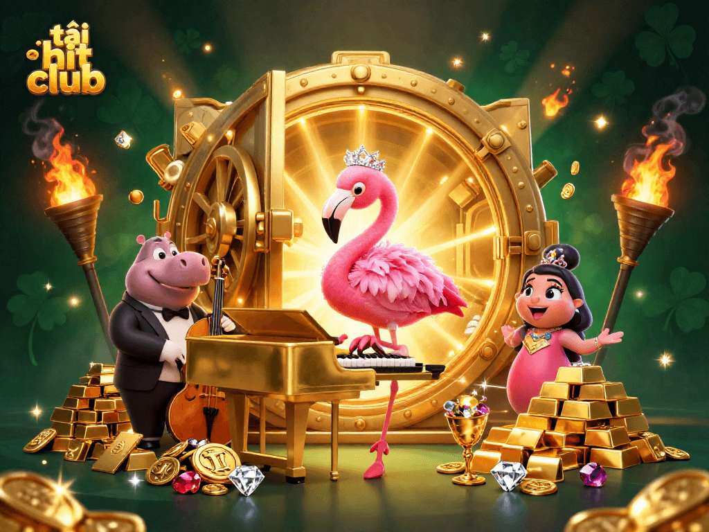 Engage in thrilling gaming with tải hit club at a vibrant casino scene featuring animated characters.