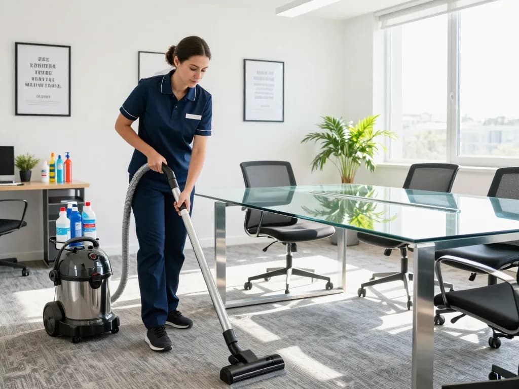 Reinigungsservice in Münster, der ein professionelles Reinigungsteam in einem lebhaften Büro zeigt, das für strahlende Sauberkeit sorgt.