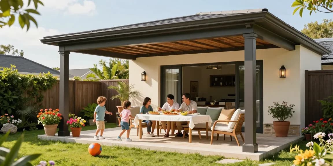 Freistehende Terrassenüberdachung mit Familie im Garten bei Sonnenschein
