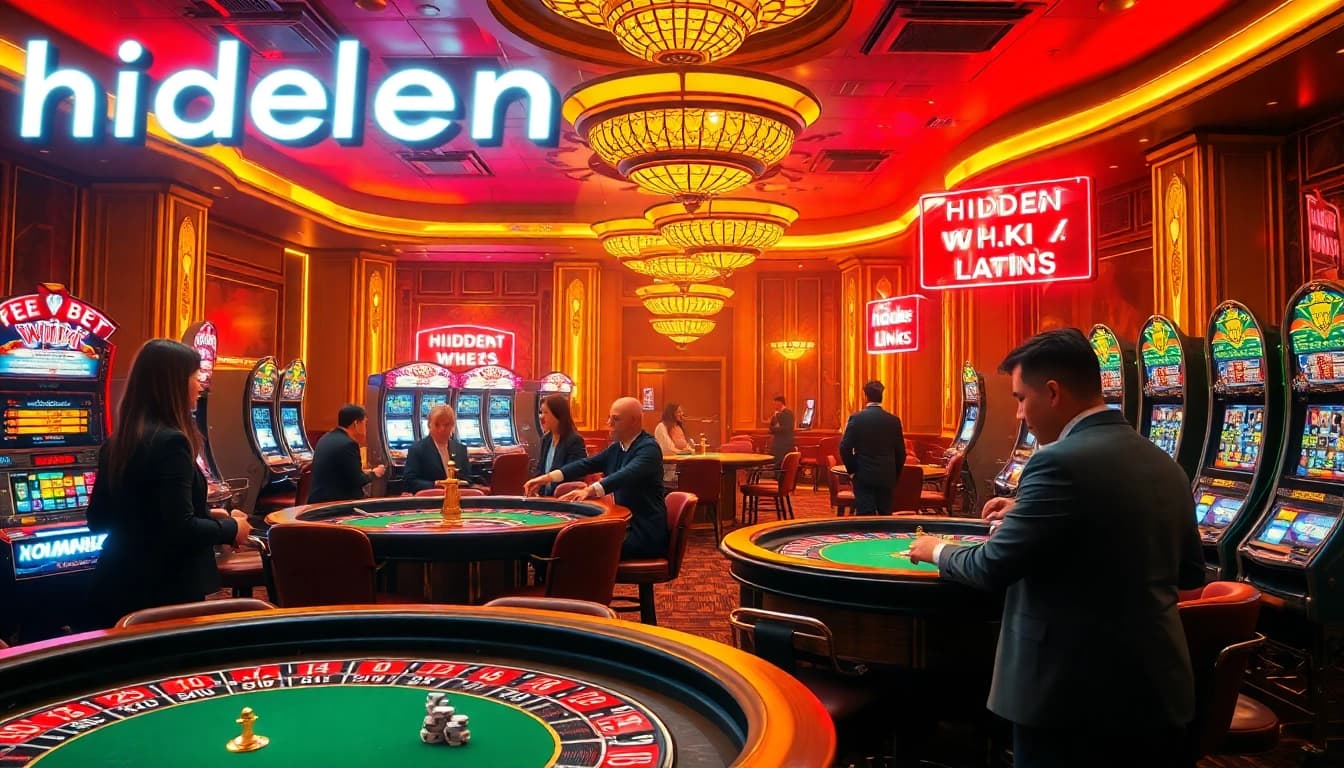 Engage with hidden wiki links at a vibrant casino featuring poker tables and roulette wheels.