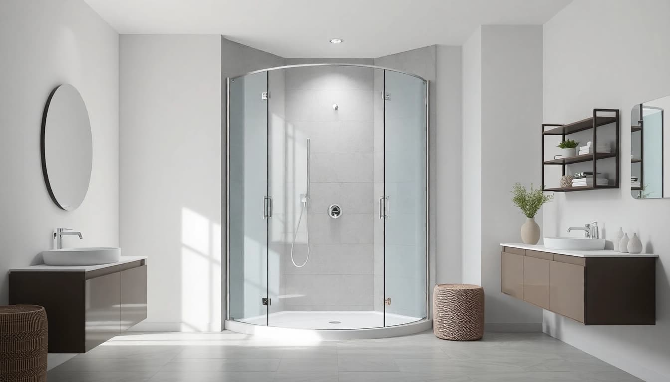 Moderne duschkabine 80x80 eckeinstieg in stilvollem Badezimmer, eingerichtet mit eleganten Glaswänden.