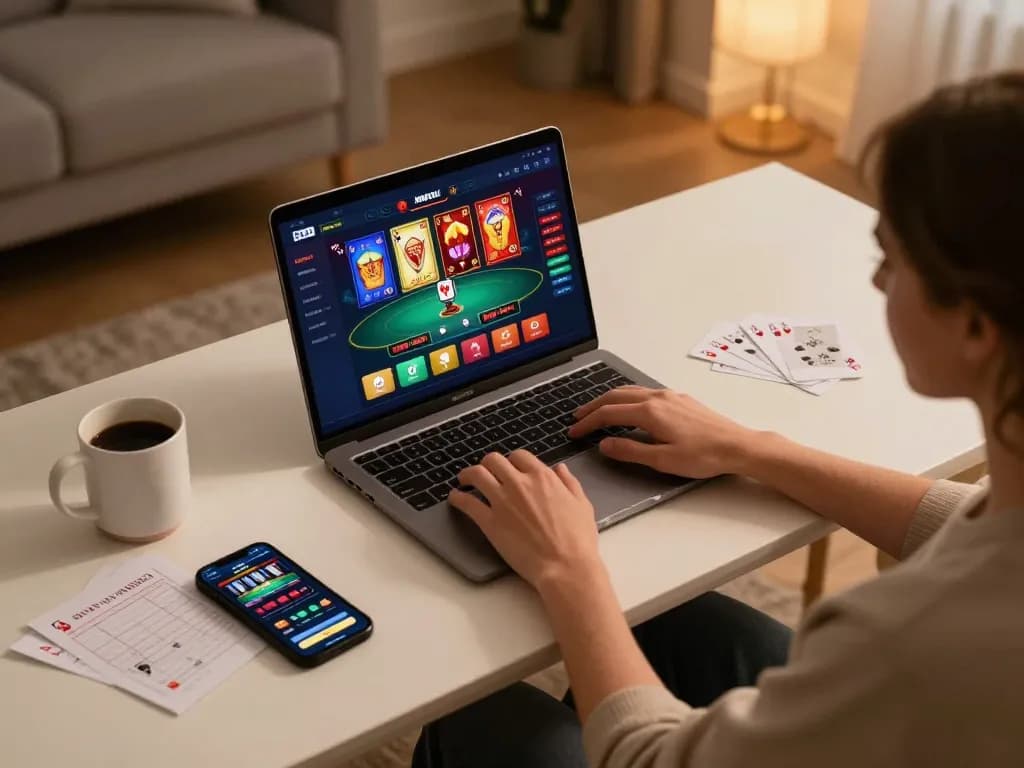 Engaging online gaming experience on mb668.co with a player using a laptop and smartphone in a cozy atmosphere.