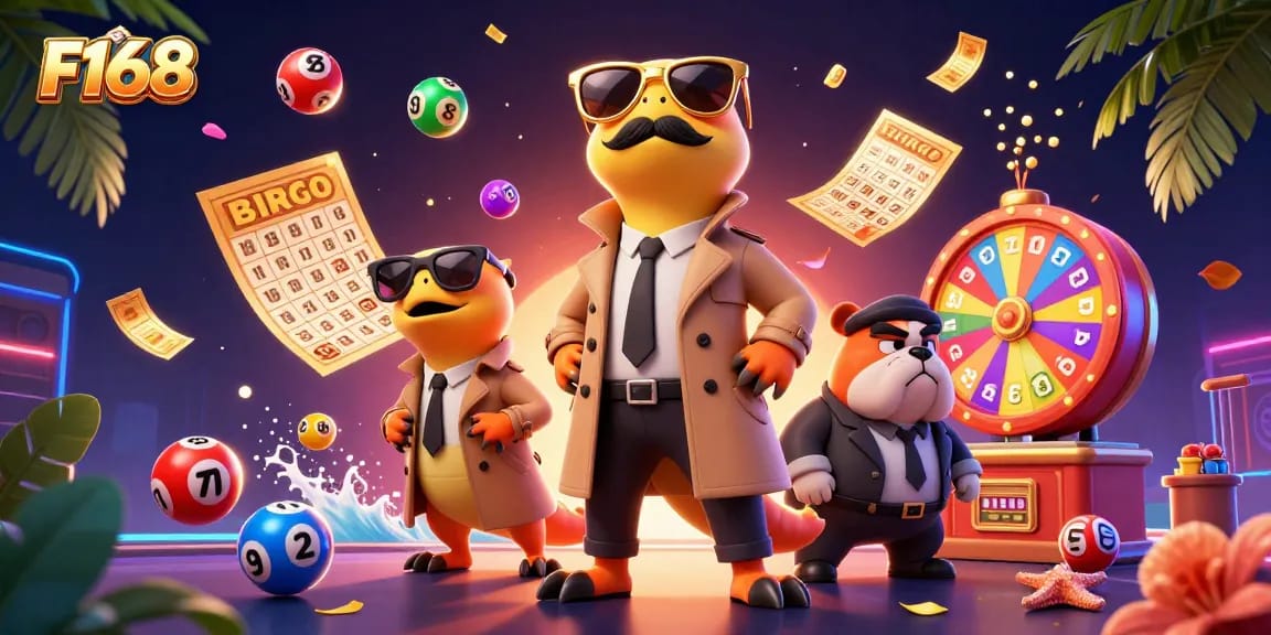Win big at F168's exciting casino with cartoon raptors entering a VIP lounge.