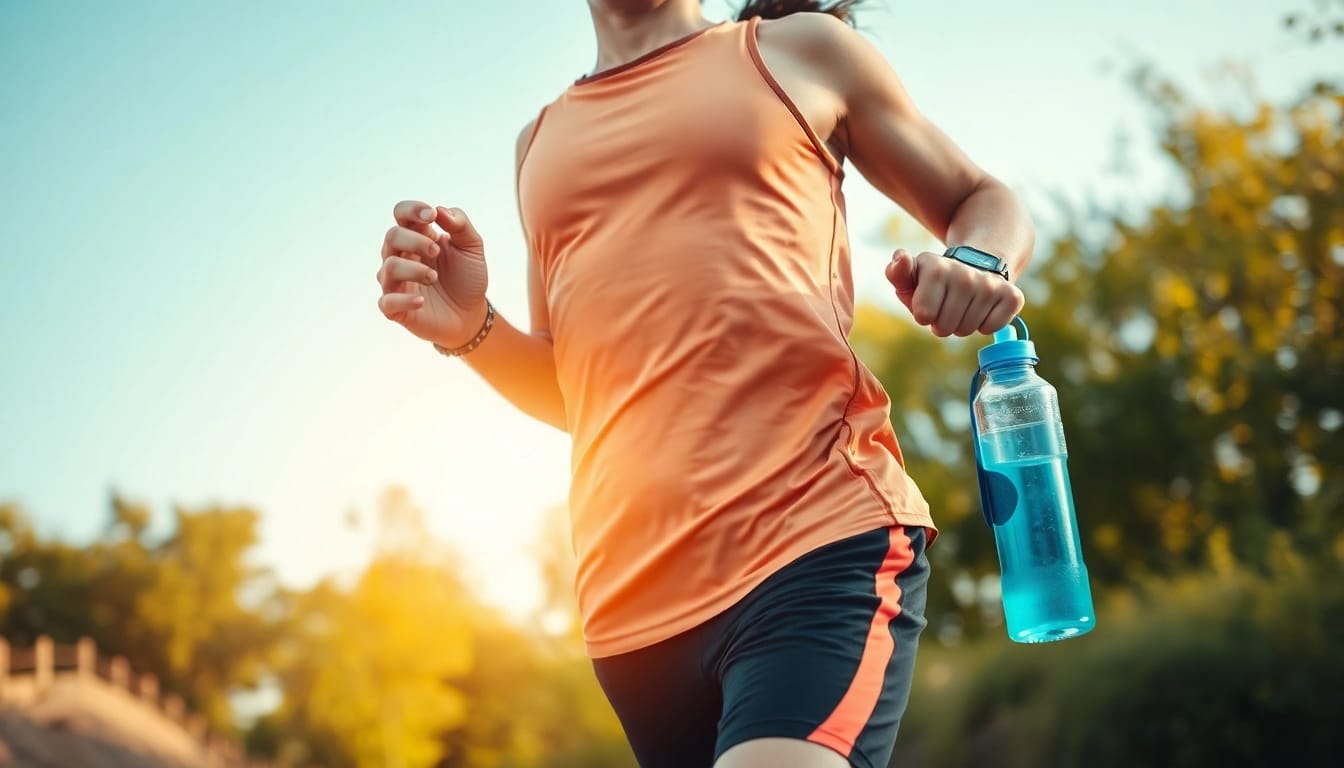 Motivierter Jogger zeigt Gewichtsverlust in schöner Naturkulisse.