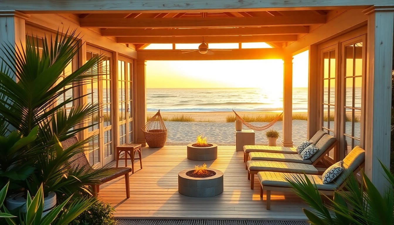 Relax at a coastal cabana, featuring inviting beach chairs, tropical decor, and a stunning ocean view.