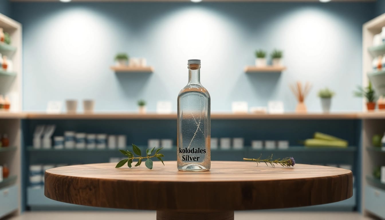 Kolloidales Silber kaufen: hochwertiges Produktfoto mit eleganter Flasche in einer Apotheke.