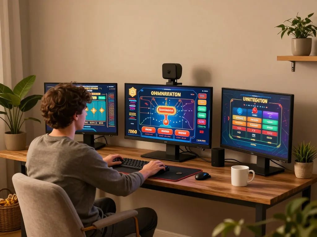 Player enjoying online gaming at home with go8casino com interface visible on screen, emphasizing responsible gambling