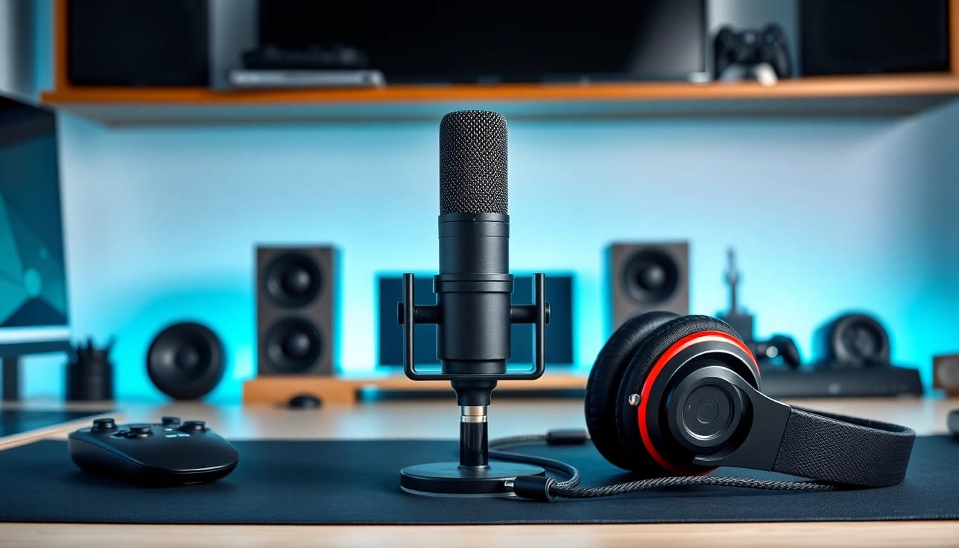 Gaming Podcast setup with microphone and headphones, inviting atmosphere for listeners.
