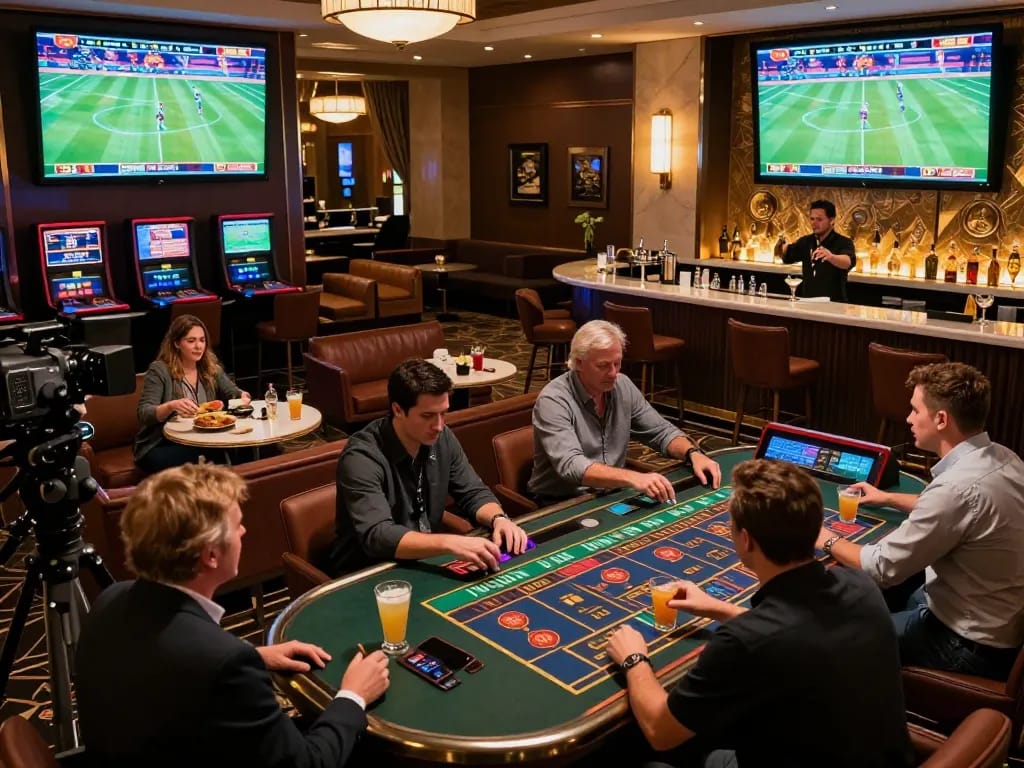 Sports enthusiasts placing bets at MK8 sports betting lounge with live screens