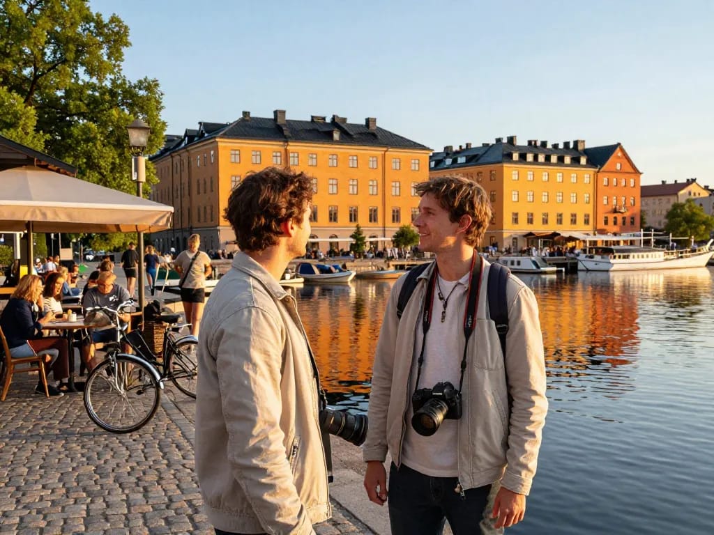 Reisetipps Stockholm: Reisender, der wunderschöne Ausblicke auf die Uferpromenade und historische Gebäude festhält.