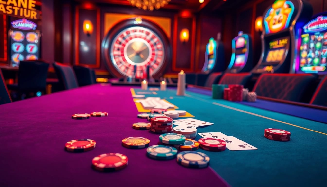 Experience thrilling gameplay at https://luck8.name/ with poker chips and cards in a vibrant casino setting.