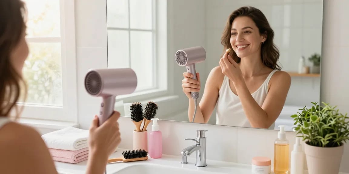Using a small hair dryer in a bright bathroom during morning routines.