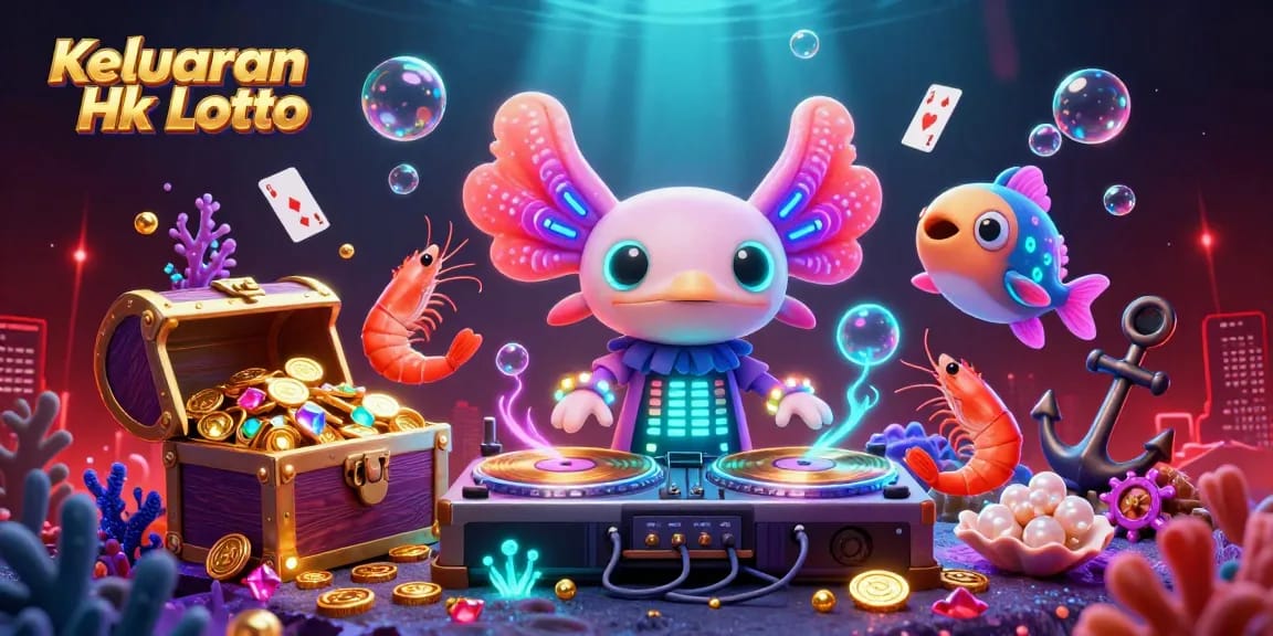 Keluaran Hk Lotto showcased with an energetic 3D scene featuring a neon axolotl DJ playing among glow-stick shrimp, creating a vibrant underwater party atmosphere.