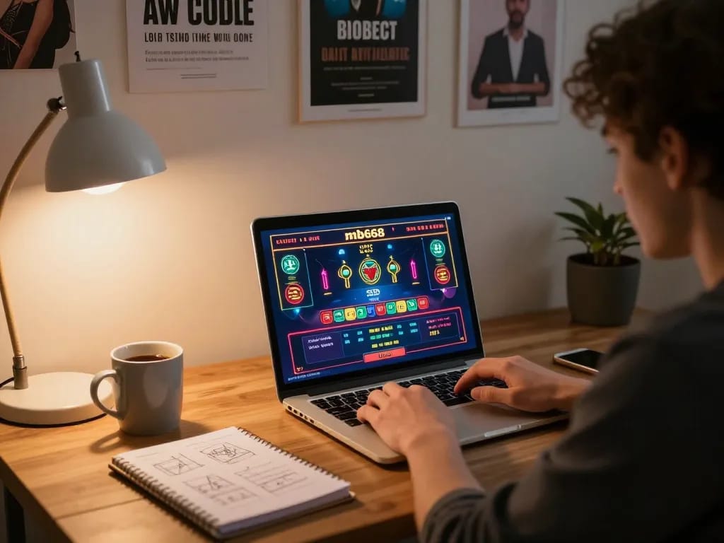 Engaging with mb668 online casino games on a laptop, showcasing vibrant graphics and betting options, in a cozy home office environment